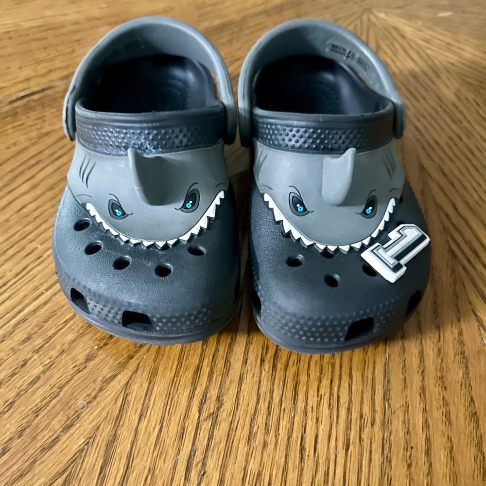 CROCS Kids Shark Clogs in Dark Gray with Teal Eyes